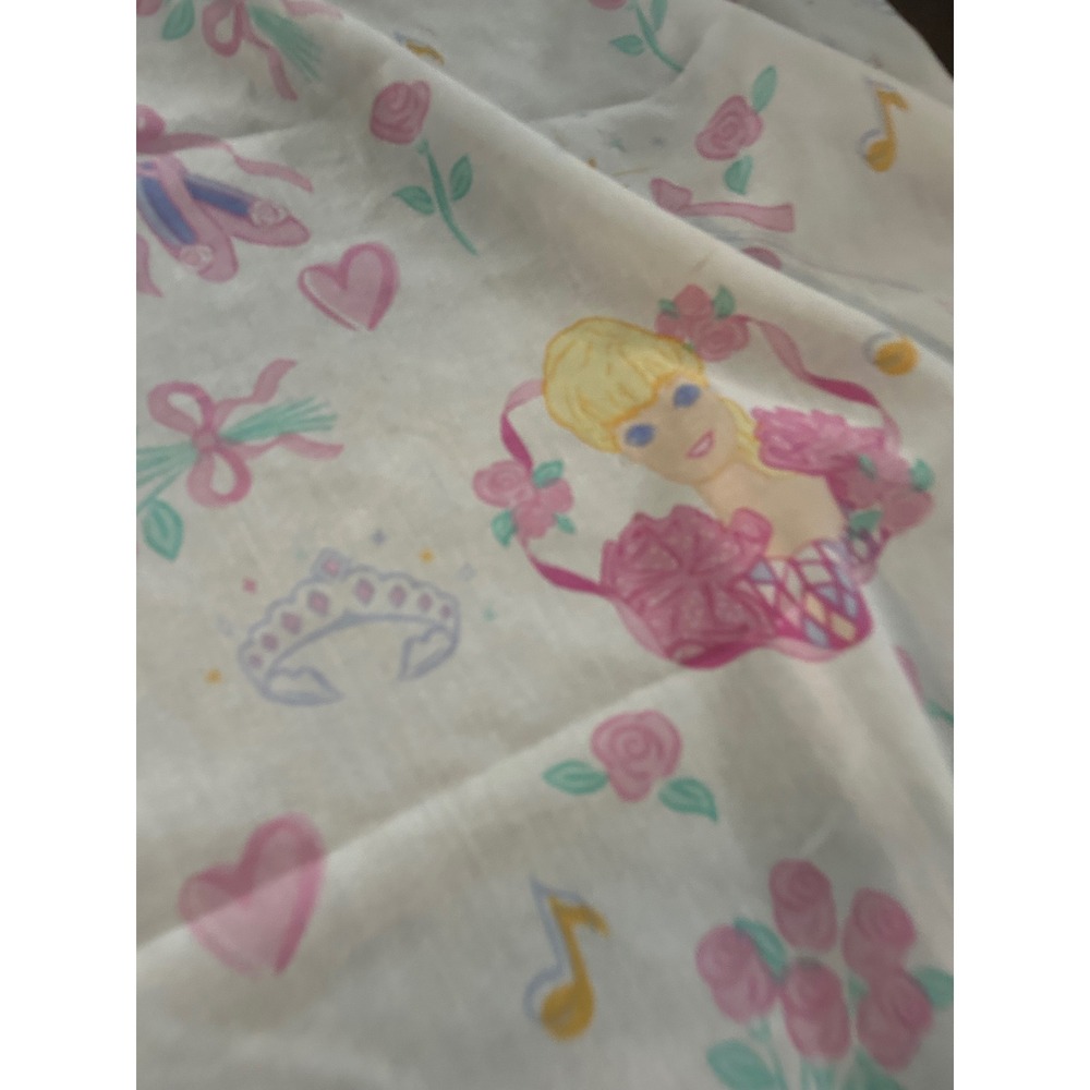 Vintage Barbie Twin Flat Sheet The Bibb Company 90s Pink Floral Hearts USA Made